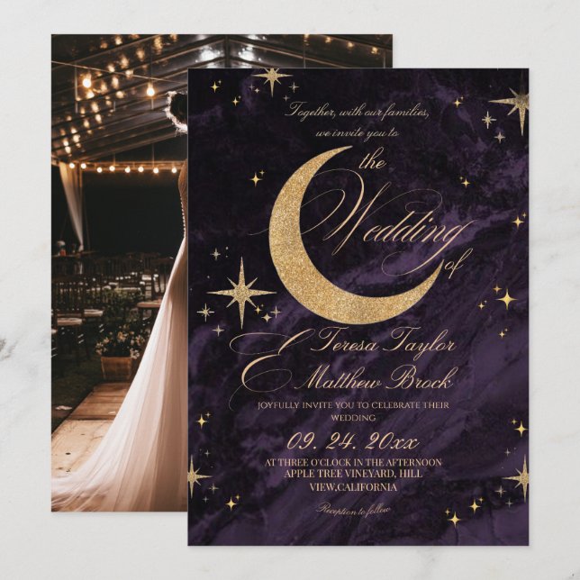 Celestial Purple and Gold Moody Wedding  Invitation (Front/Back)