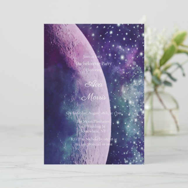 Celestial Purple Galaxy Moon Bachelorette Party Invitation (Standing Front)