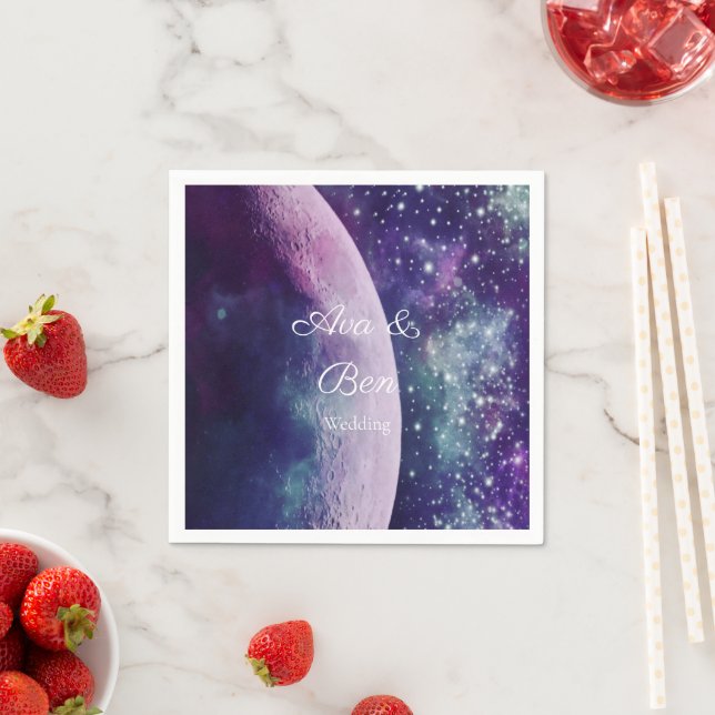 Celestial Purple Galaxy Moon Wedding  Napkins (Insitu)