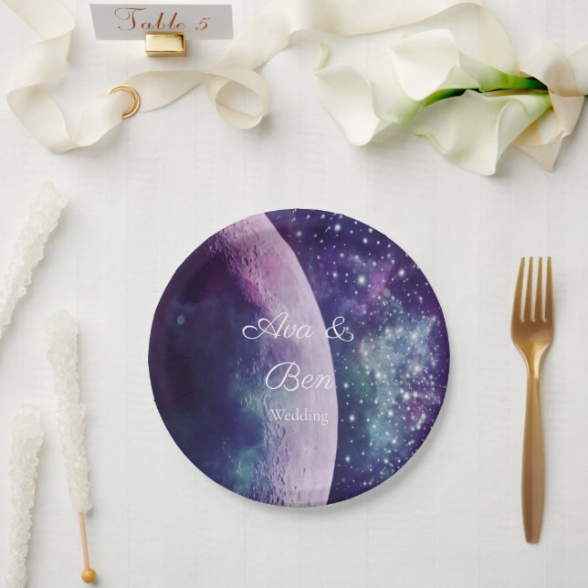 Celestial Purple Galaxy Moon Wedding  Paper Plates (Wedding)