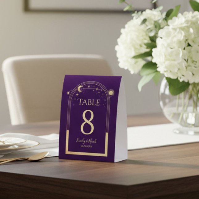 Celestial Purple Gold Elegant Modern Wedding Paper Table Tent (Creator Uploaded)