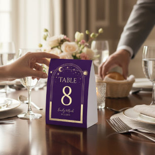 Celestial Purple Gold Elegant Modern Wedding Paper Table Tent