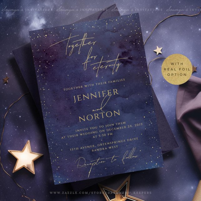 Celestial Purple Gold Galaxy Stars Starry Night Foil Invitation (Creator Uploaded)