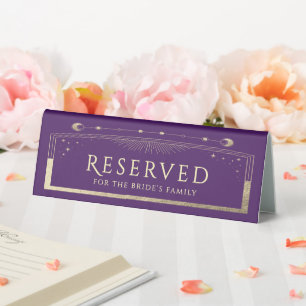 Celestial Purple Gold Moon Stars Wedding Reserved Table Tent