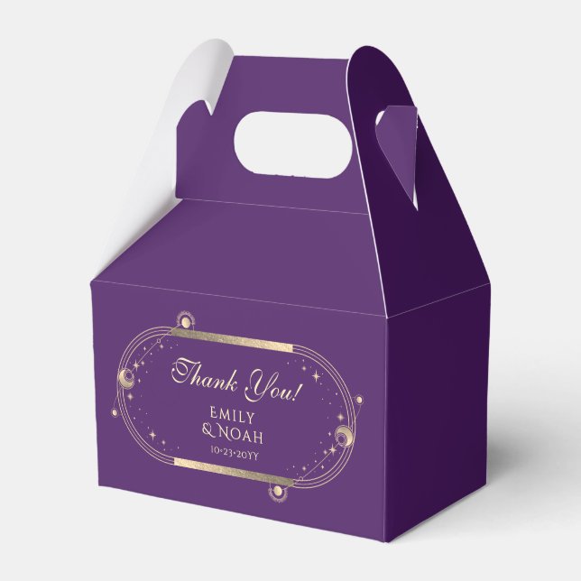 Celestial Purple Gold Sun Moon Stars Wedding Favor Boxes (Front Side)