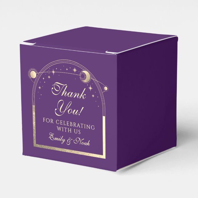 Celestial Purple Gold Sun Moon Stars Wedding Favor Boxes (Front Side)