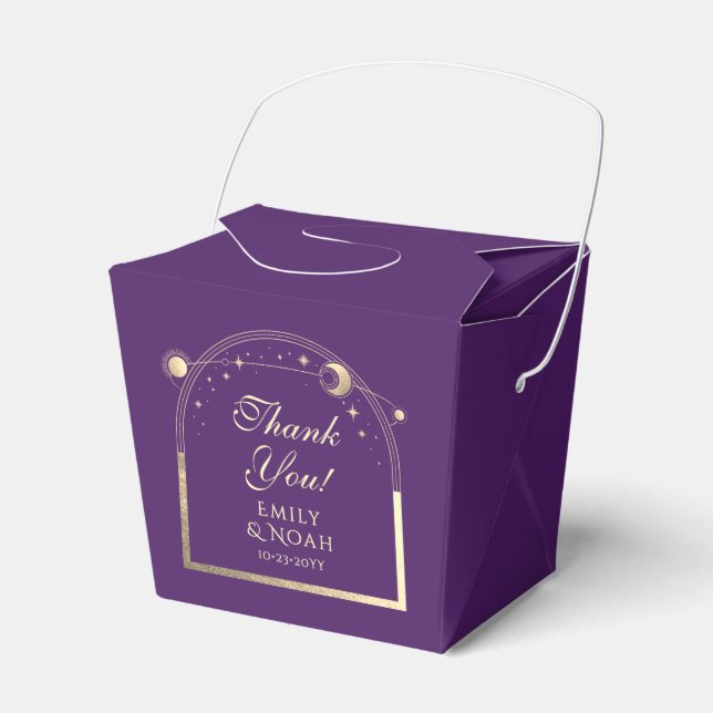Celestial Purple Gold Sun Moon Stars Wedding Favor Boxes (Front Side)