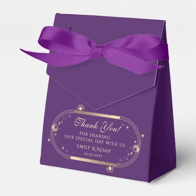 Celestial Purple Gold Sun Moon Stars Wedding Favor Boxes (Front Side)