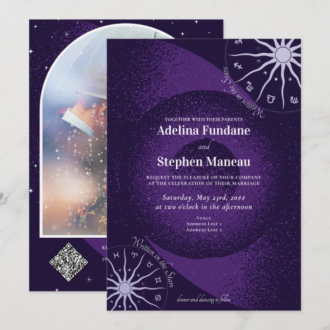 Celestial Purple Mystical Horoscope Wheel Wedding Invitation (Front/Back)