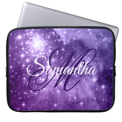 Celestial Purple Starry Sparkle Fancy Monogram Laptop Sleeve
