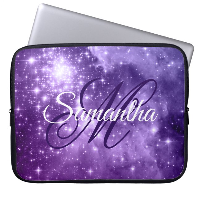 Celestial Purple Starry Sparkle Fancy Monogram Laptop Sleeve (Front)