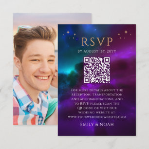 Celestial Purple Teal Budget QR Code RSVP Photo Enclosure Card