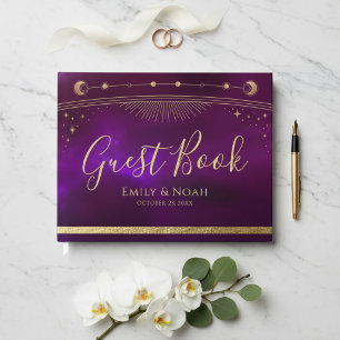 Celestial Purple Teal Gold Sun Moon Stars Wedding  Guest Book