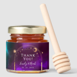 Celestial Purple Teal Gold Sun Moon Stars Wedding Honey Jar Favors