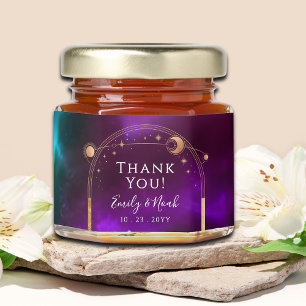 Celestial Purple Teal Gold Sun Moon Stars Wedding Honey Jar Favors