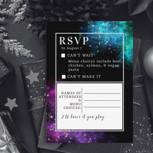 Celestial Purple Teal Nebula Stars Wedding RSVP No Note Card