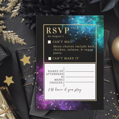 Celestial Purple Teal Nebula Stars Wedding RSVP Note Card