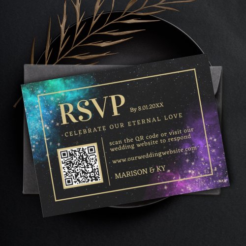 Celestial Purple Teal Nebula Stars Wedding RSVP QR Note Card