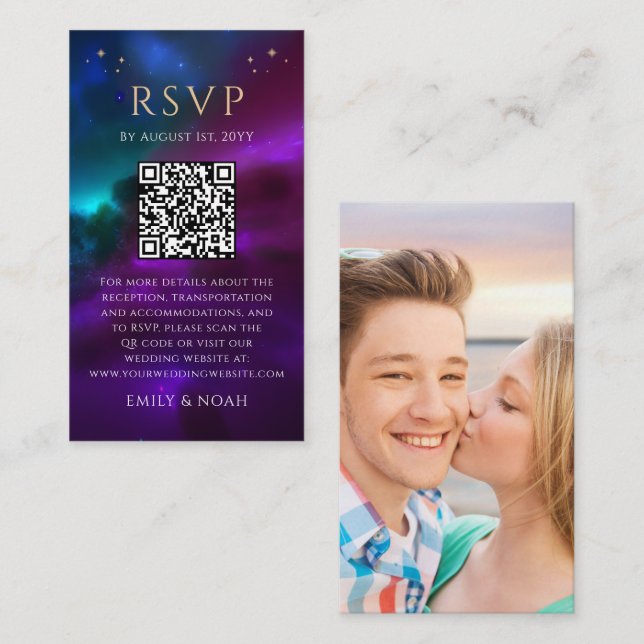 Celestial Purple Teal RSVP QR Code Wedding Enclosure Card (Front/Back)