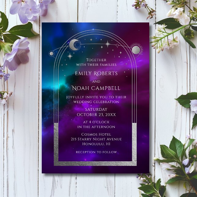 Celestial Purple Teal Silver Sun Moon Star Elegant Invitation (Creator Uploaded)