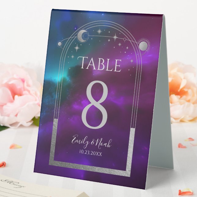 Celestial Purple Teal Silver Sun Moon Wedding Table Tent (In SItu (Wedding))