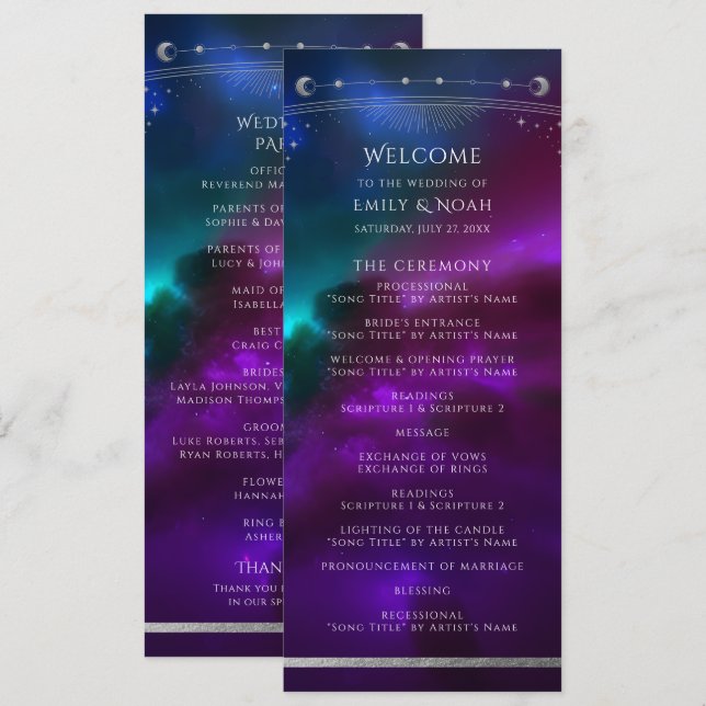 Celestial Purple Teal Silver Wedding Program (Front/Back)