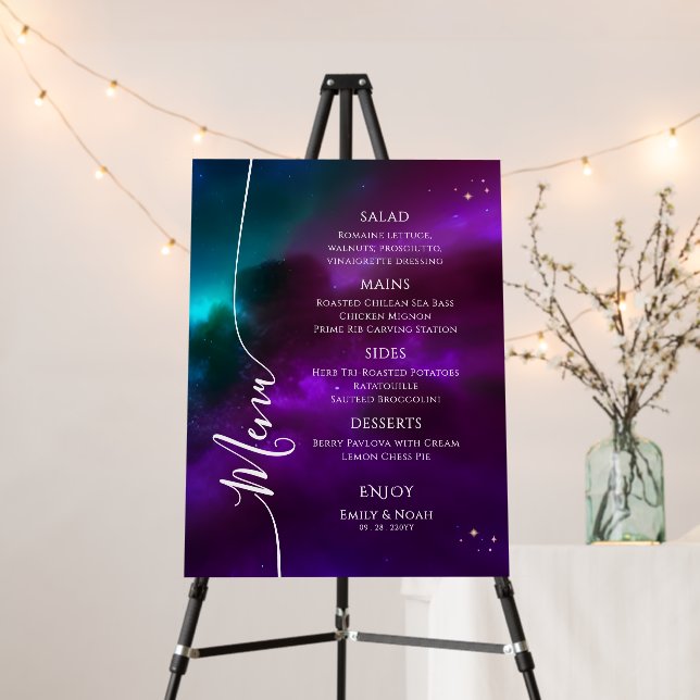 Celestial Purple Teal Starry Night Wedding Menu Foam Board (In Situ (Stand))
