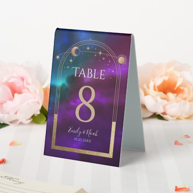 Celestial Purple Teal Sun Moon Astronomy Wedding Table Tent (In SItu (Wedding))