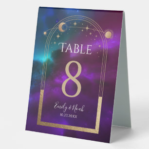 Celestial Purple Teal Sun Moon Astronomy Wedding  Table Tent