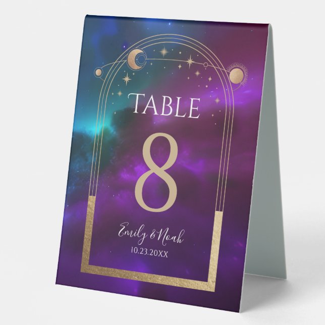 Celestial Purple Teal Sun Moon Astronomy Wedding  Table Tent (Front)
