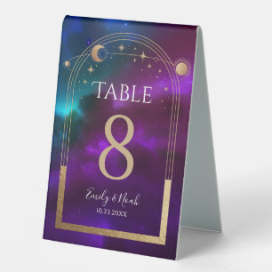 Celestial Purple Teal Sun Moon Astronomy Wedding Table Tent