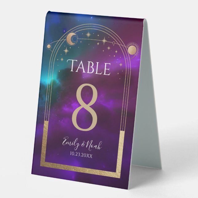 Celestial Purple Teal Sun Moon Astronomy Wedding  Table Tent (Front)