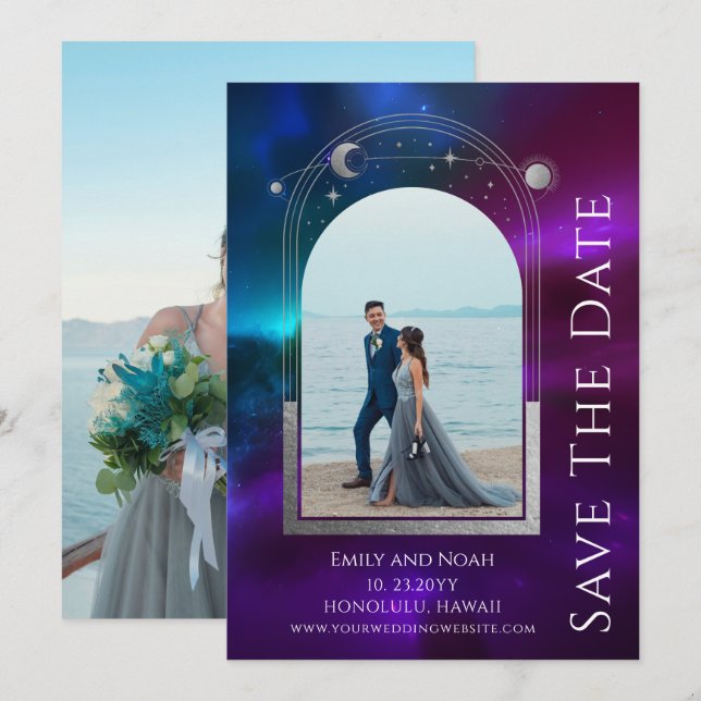 Celestial Purple Teal Sun Moon Save The Date (Front/Back)