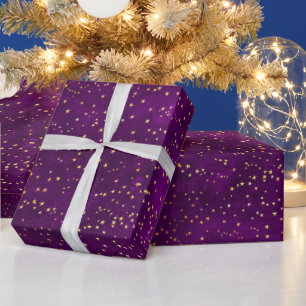 Celestial Purple & Yellow Starry Night Pattern Wrapping Paper