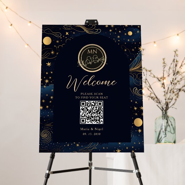 Celestial QR Code Find Your Seat Wedding Foam Board (In Situ (Stand))