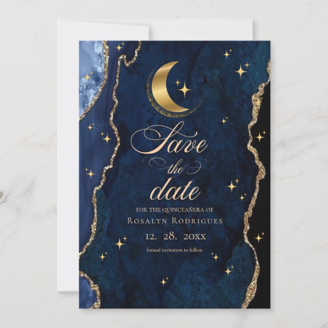 Celestial Quinceanera Stars and Moon Blue Save The Date (Front)