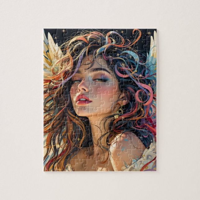 Celestial Radiance – Rainbow Winged Angel Portrait Jigsaw Puzzle (Vertical)