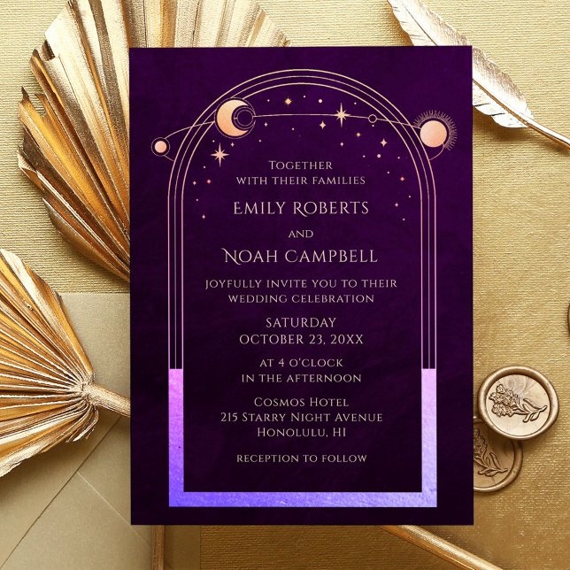 Celestial Rainbow Deep Plum Sun Star Moon Wedding Invitation (Creator Uploaded)