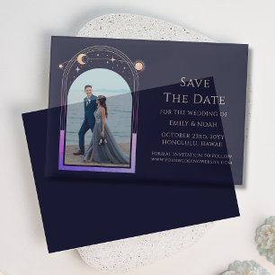 Celestial Rainbow Navy Blue Photo Wedding Vellum Invitations
