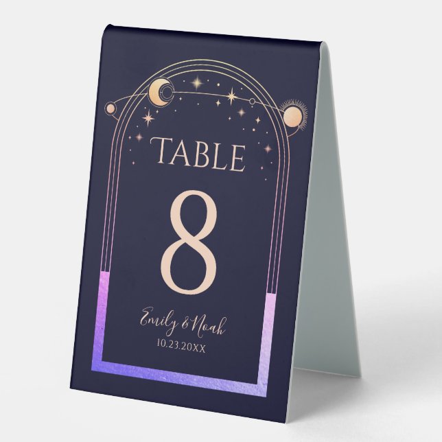 Celestial Rainbow Navy Blue Sun Moon Stars Wedding Table Tent (Front)