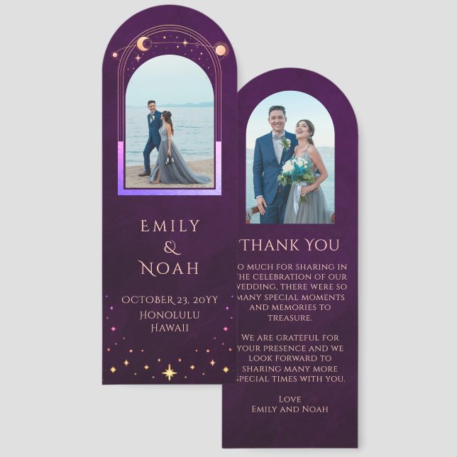 Celestial Rainbow Plum Photo Wedding Thank You Bookmarks (Front & Back)