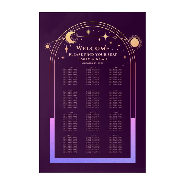 Celestial Rainbow Plum Wedding Seating Chart Acrylic Print (Front)