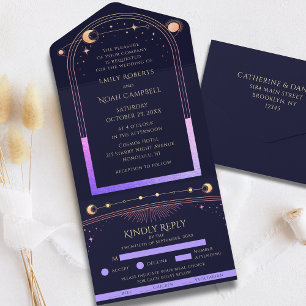 Celestial Rainbow Sun Moon Stars Navy Wedding All In One Invitation