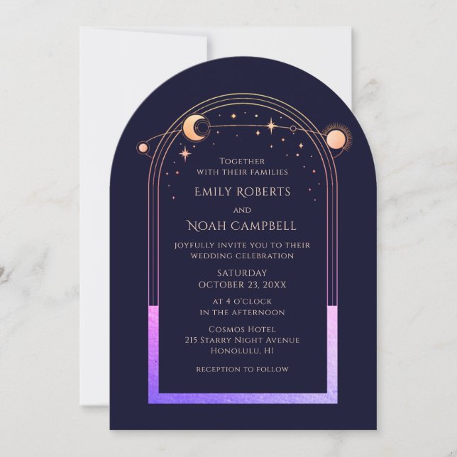 Celestial Rainbow Sun Moon Stars Wedding Invitation (Front)
