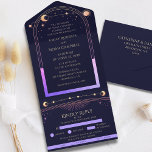 Celestial Rainbow Sun Star Moon Astronomy Space All In One Invitation<br><div class="desc">Celestial Rainbow Sun Star Moon Astronomy Space All In One Wedding Invitations features silver sun, moon and stars with a rainbow colored frame on a dark blue background. Inside is your custom wedding invitation information. Below is the removable RSVP card with three meal choice options for you guests to remove...</div>