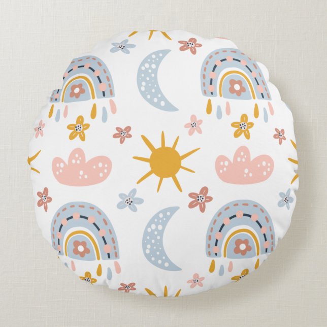 Celestial Rainbow & Sunburst Pattern Round Pillow (Front)