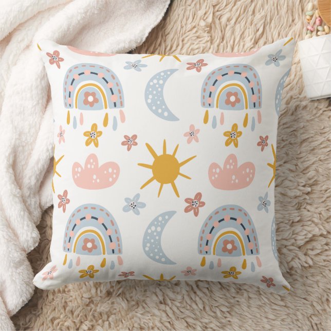 Celestial Rainbow & Sunburst Pattern Throw Pillow (Blanket)