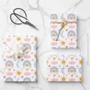 Celestial Rainbow & Sunburst Pattern Wrapping Paper Sheets