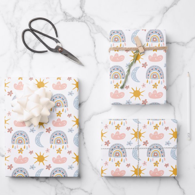 Celestial Rainbow & Sunburst Pattern Wrapping Paper Sheets (Front)