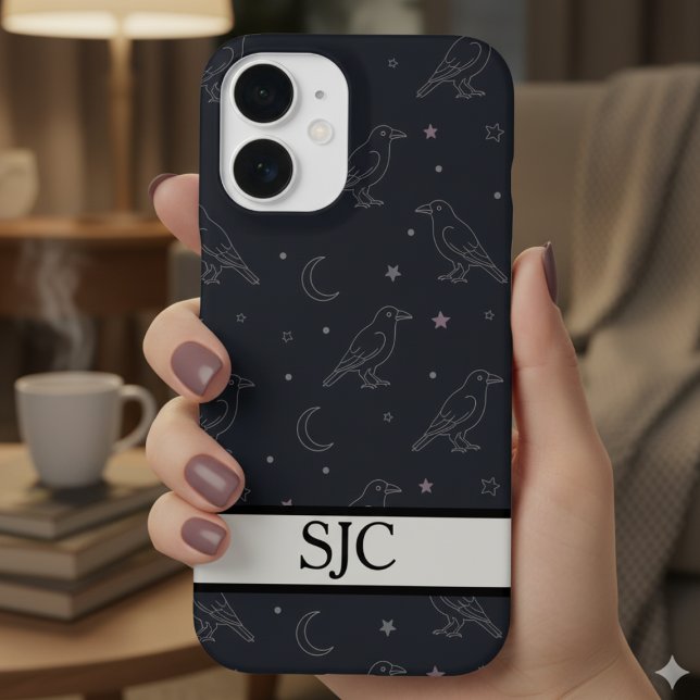 Celestial Raven Dark Academia Monogrammed iPhone Case (Raven and moon monogram phone case)